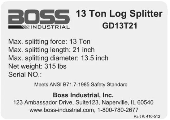 (410-512) Decal, 13 Ton Log Splitter 1