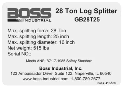(410-538) Boss 28 Ton Specs Decal 1