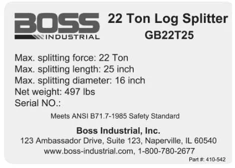 (410-542) Boss 22 Ton Specs Decal 1