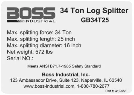 (410-556) Boss 34 Ton Specs Decal 1