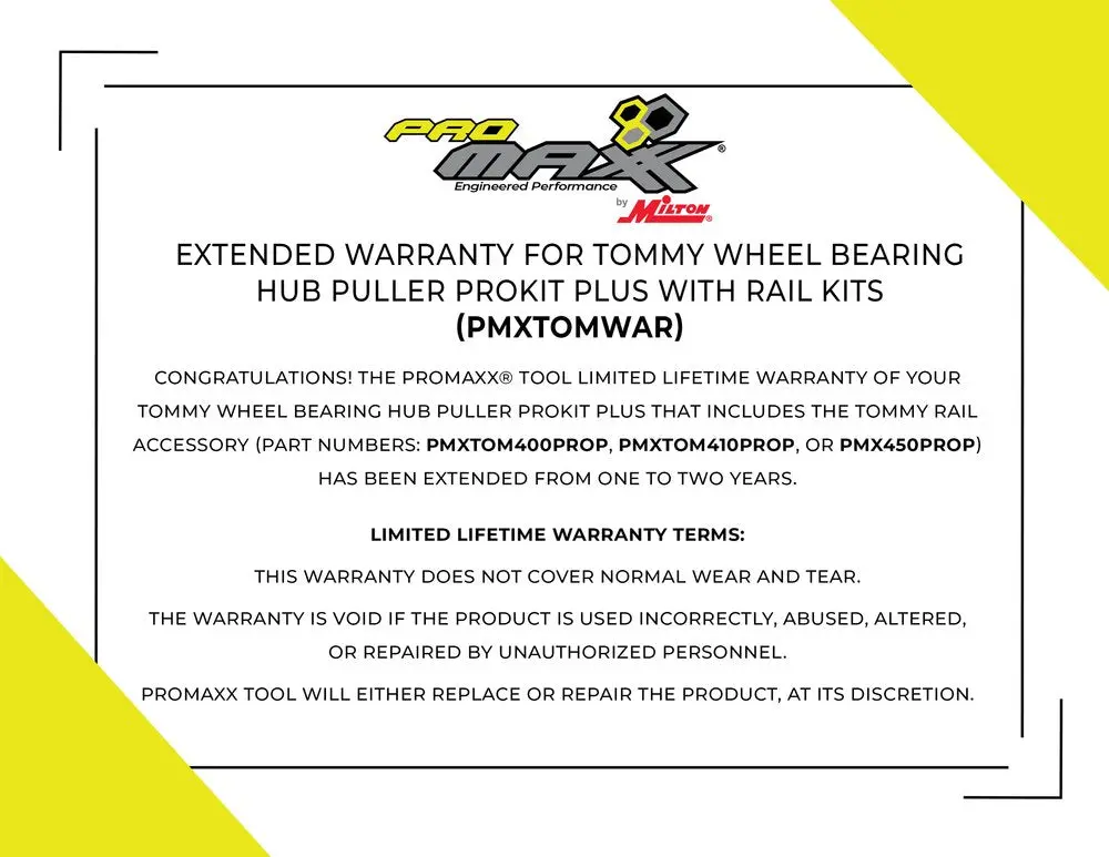 Extended Warranty For Tommy Wheel Bearing Hub Puller Prokit Plus With Rail Kits (Pmxtomwar) 1