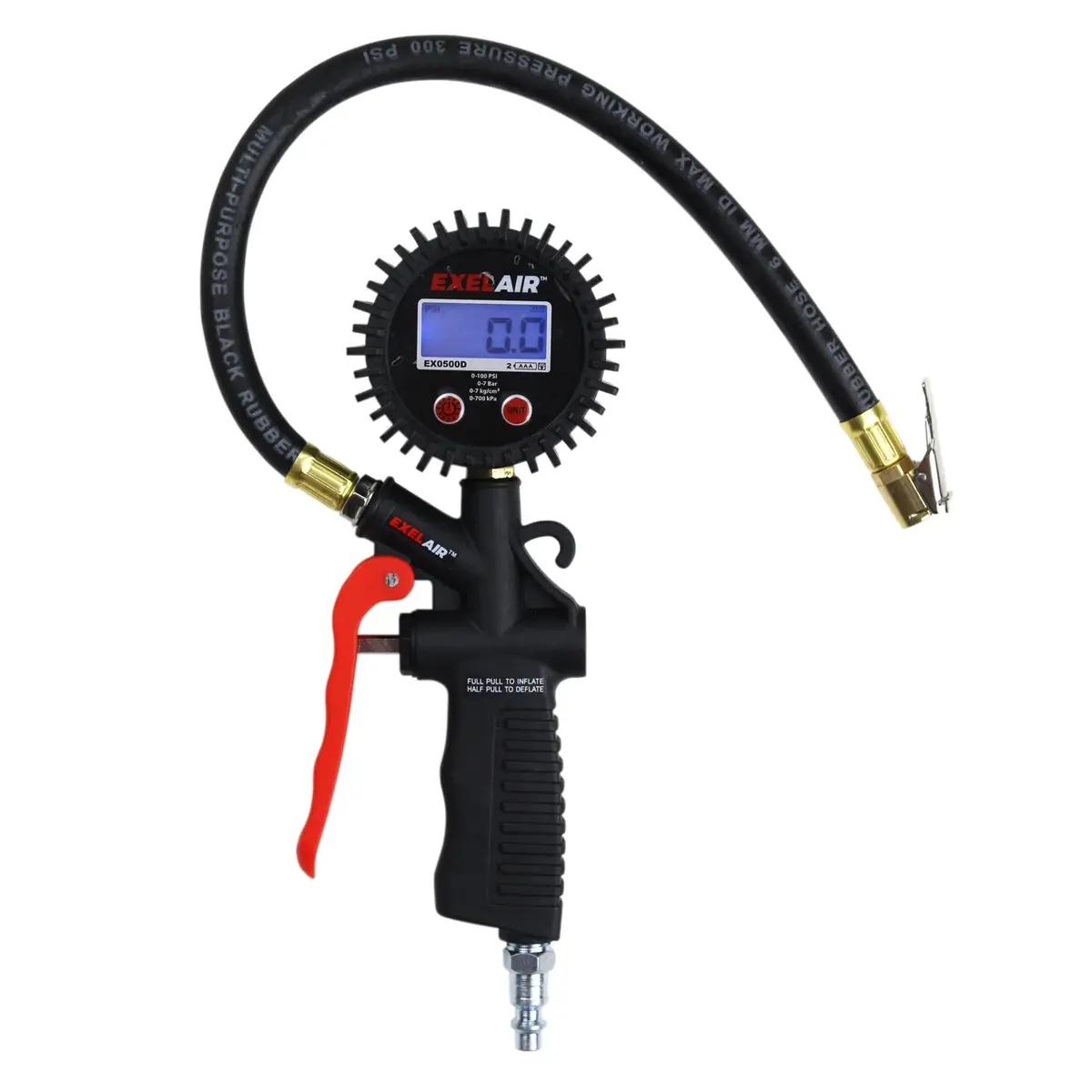 Exelair Analog Pistol Grip Tire Inflator/Deflator Gauge, 16” Air Hose And Easy-Clip Chuck 1