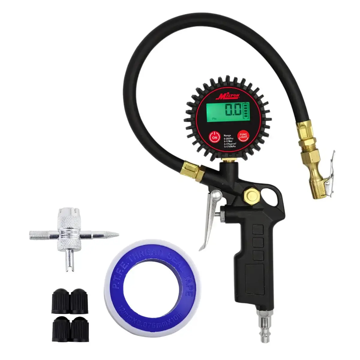 Digital Tire Inflator W/Accurate Tire Pressure Gauge, 0-250 Psi, 14” Air Hose, Brass Lock-On Clip Air Chuck & Compressor Accessories 1